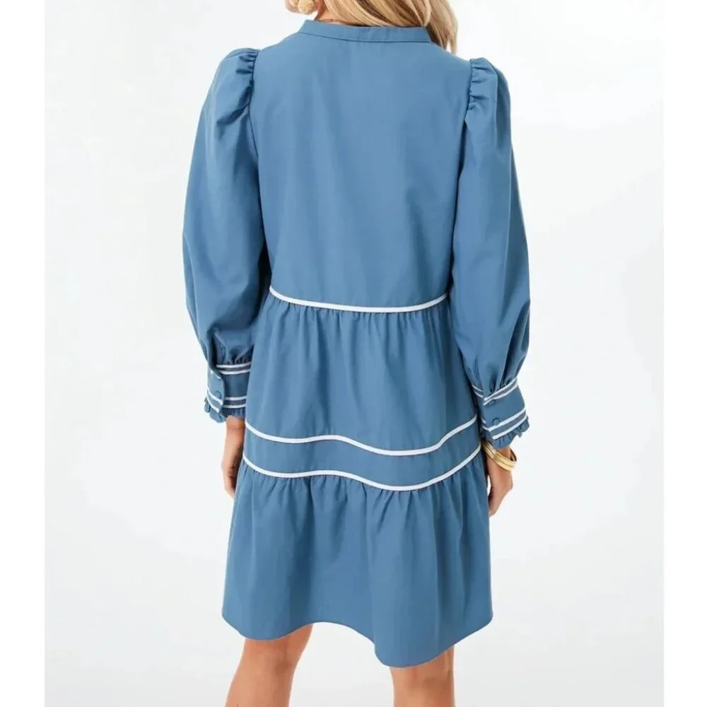 Pomander Place Tuckernuck blue white tiered linen blend dress - Picture 2 of 6